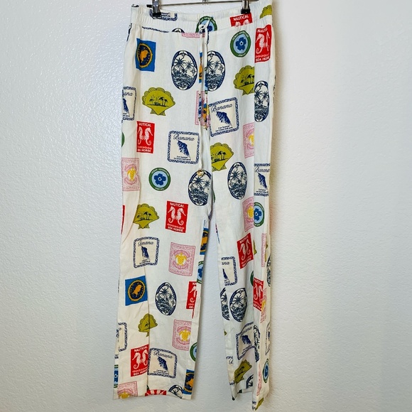 Rachel Zoe Palazzo Pants Linen Blend Pacific Stamps Size M White Beachy Tropical - Picture 1 of 16